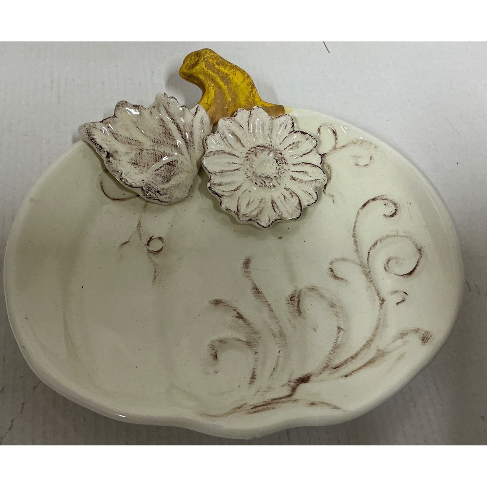 Pumpkin Serving Dish Ceramic Fall Harvest Sunflower Leaf Cream Gold 8" Rustic